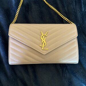 YSL Cassandre Chain Wallet Grain de Poudre Leather Pale Pink